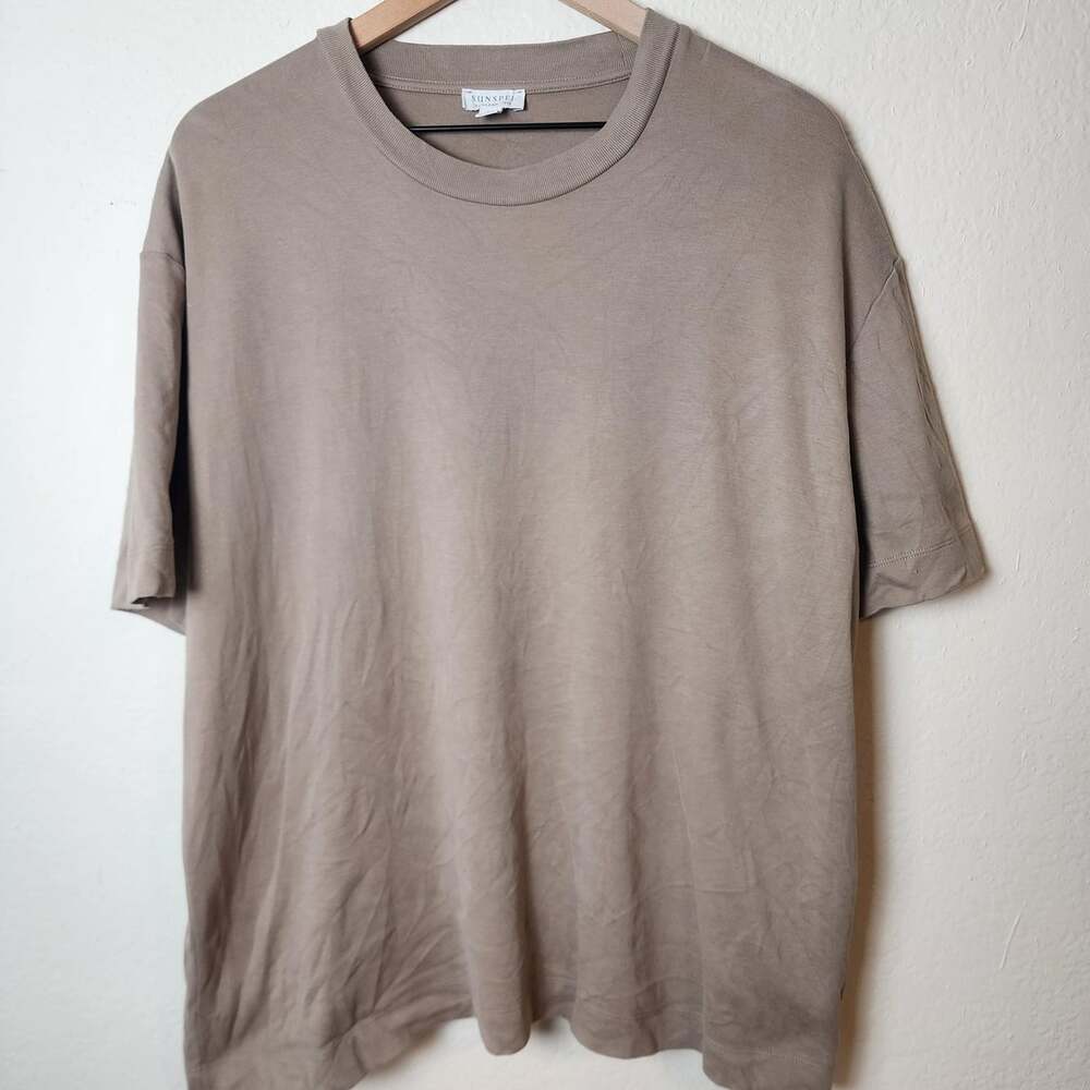 Sunspel Shirt Mens XL Beige Solid Cotton Crewneck Relaxed Fit Basic Tee Portugal